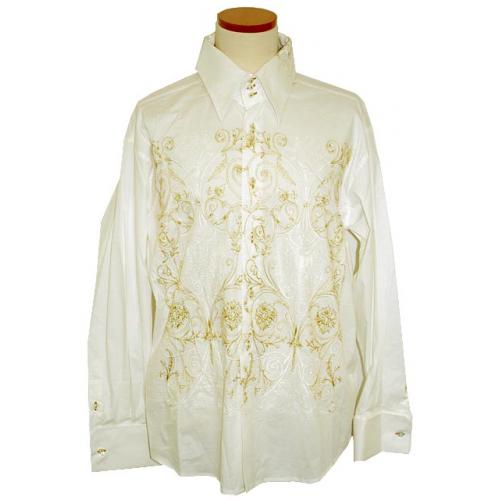 Pronti White with Metallic Gold/White Embroidered Shirt S5707